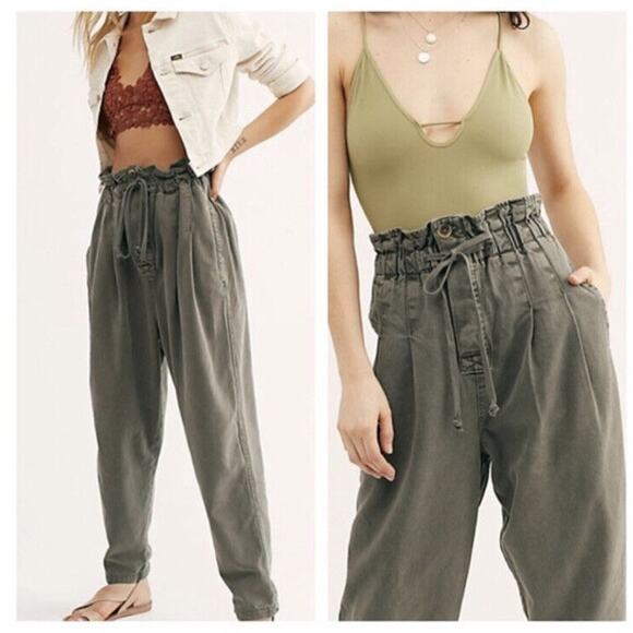 Free People Light Gray Margate Paper Bag Pleated Drawstring Pants Size SP - Picture 2 of 9